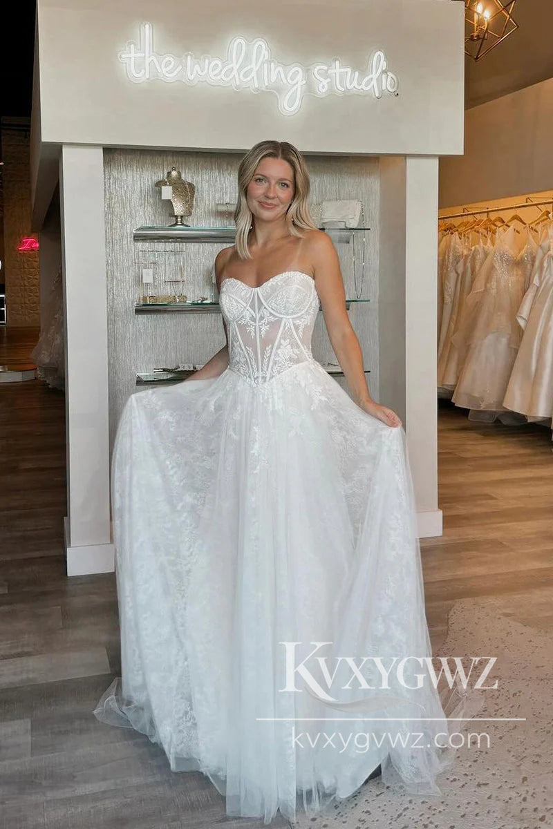 Boho A Line Scoop Neck Lace Tulle Long Wedding Dresses Gown HS1023