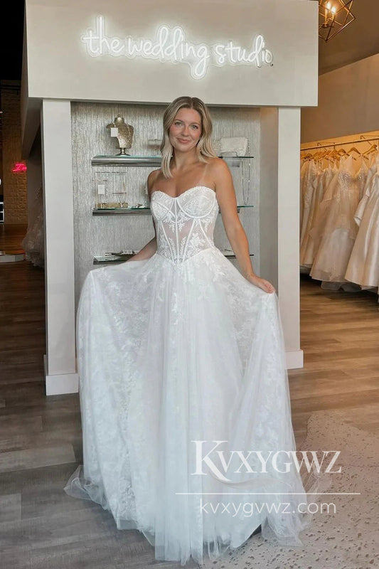 Boho A Line Scoop Neck Lace Tulle Long Wedding Dresses Gown HS1023