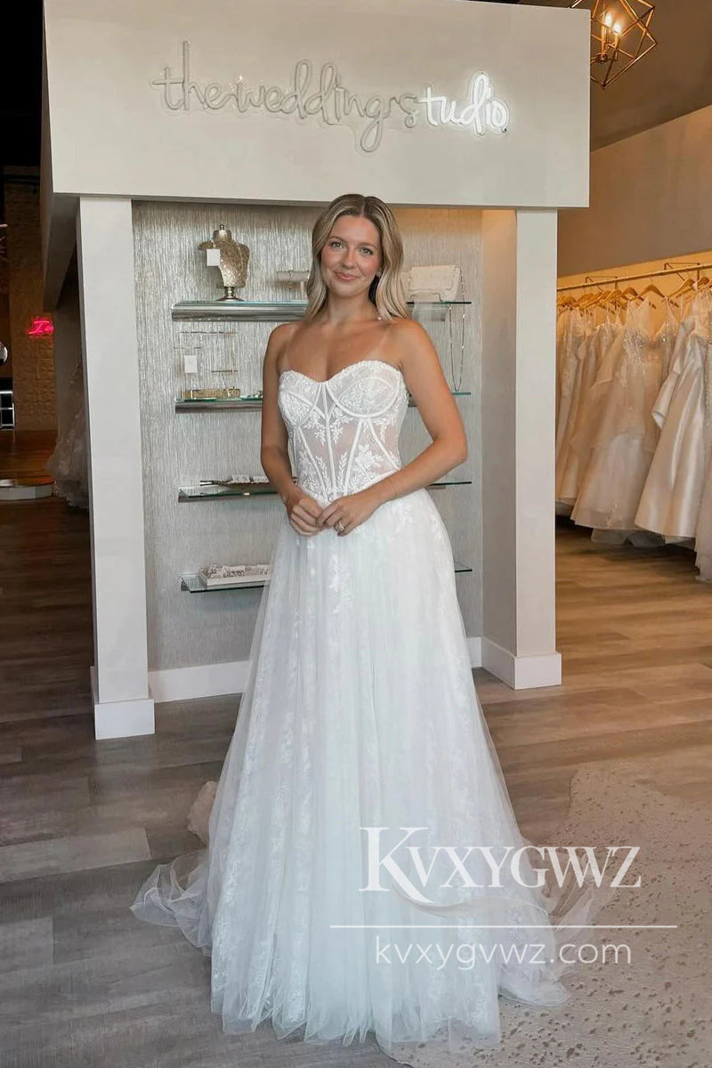 Boho A Line Scoop Neck Lace Tulle Long Wedding Dresses Gown HS1023