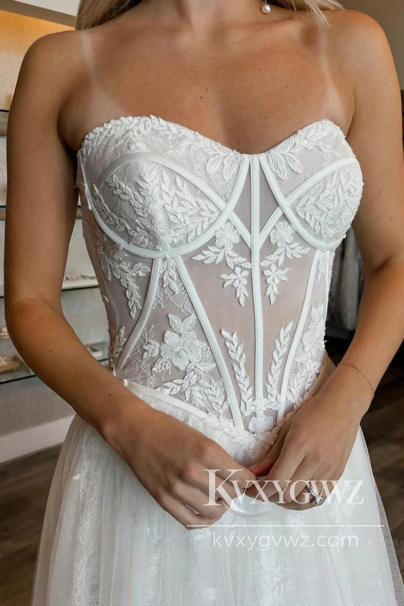 Boho A Line Scoop Neck Lace Tulle Long Wedding Dresses Gown HS1023