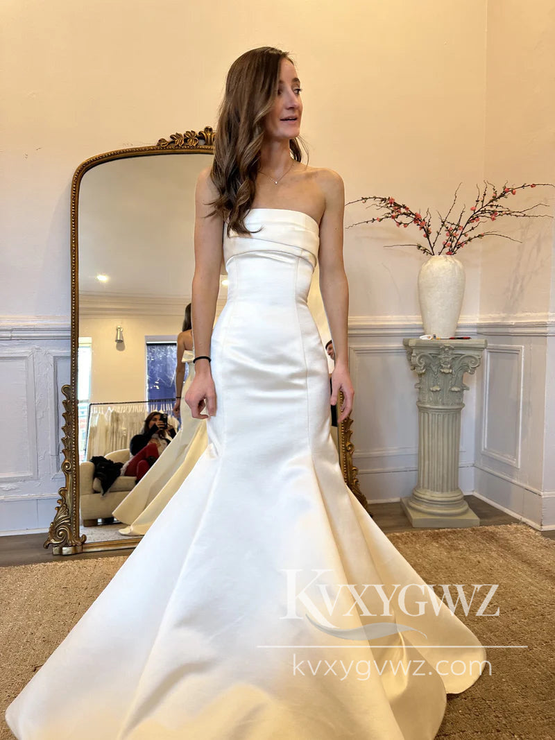 Dazzling Mermaid Strapless Satin Long Wedding Dresses Gown HS1024