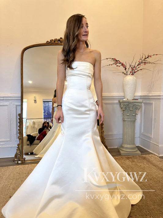 Dazzling Mermaid Strapless Satin Long Wedding Dresses Gown HS1024