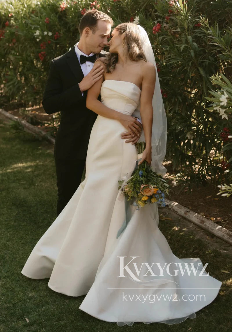 Dazzling Mermaid Strapless Satin Long Wedding Dresses Gown HS1024