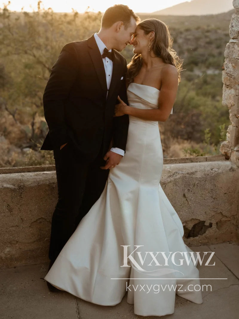 Dazzling Mermaid Strapless Satin Long Wedding Dresses Gown HS1024