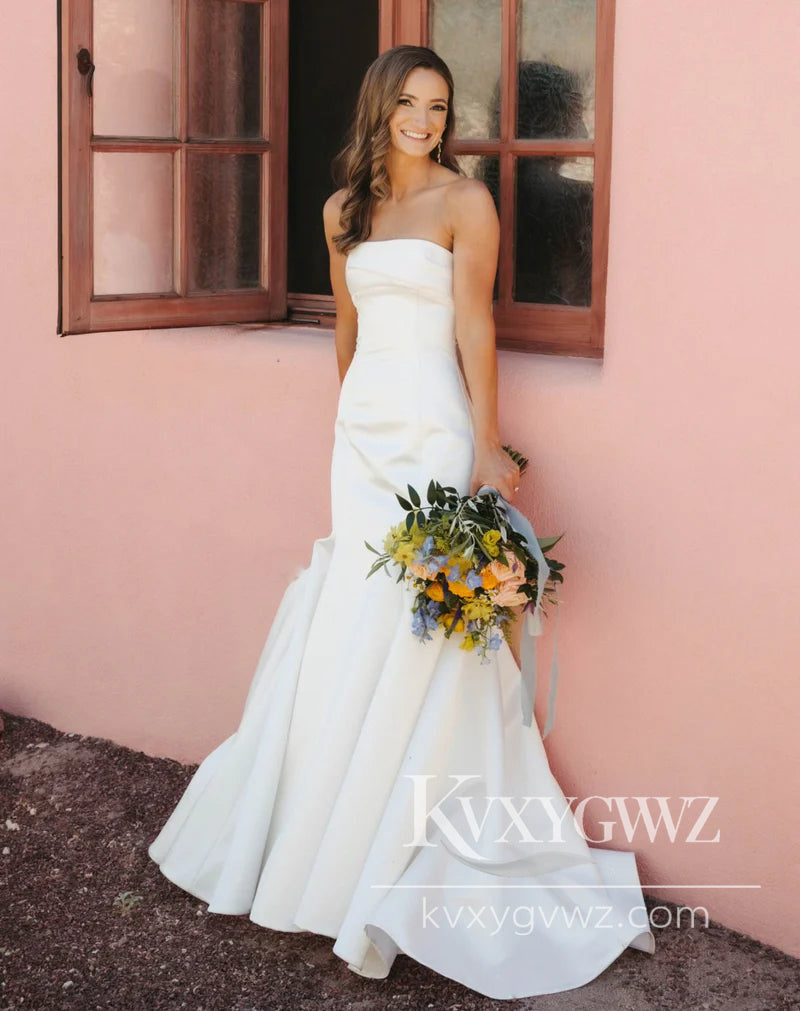 Dazzling Mermaid Strapless Satin Long Wedding Dresses Gown HS1024