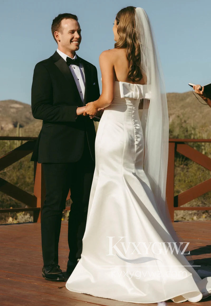 Dazzling Mermaid Strapless Satin Long Wedding Dresses Gown HS1024