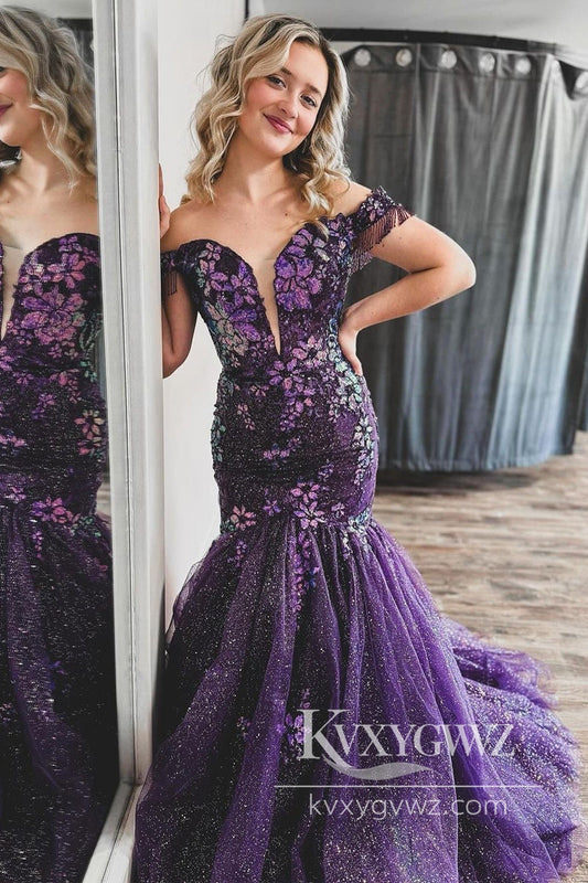 Purple Evening Gown Off the Shoulder Sequin Lace Mermaid Prom Dress LF1025