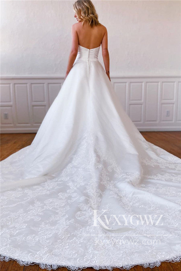 Dazzling Ball Gown Strapless Satin Wedding Dress with Applique HS1025