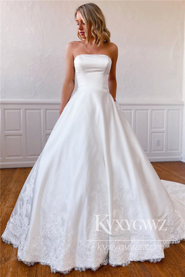 Dazzling Ball Gown Strapless Satin Wedding Dress with Applique HS1025