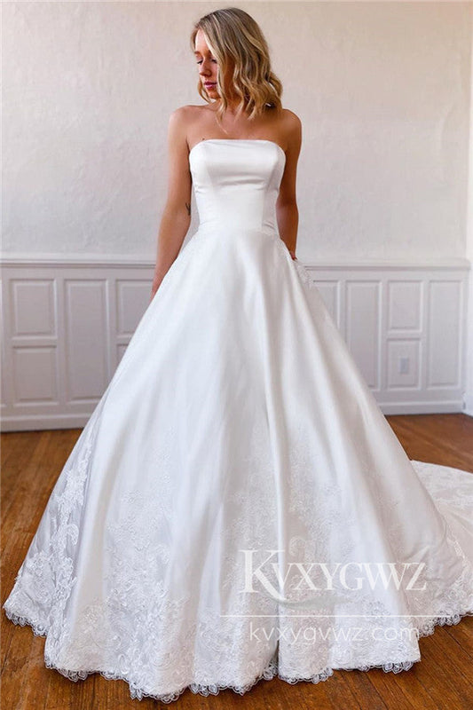 Dazzling Ball Gown Strapless Satin Wedding Dress with Applique HS1025