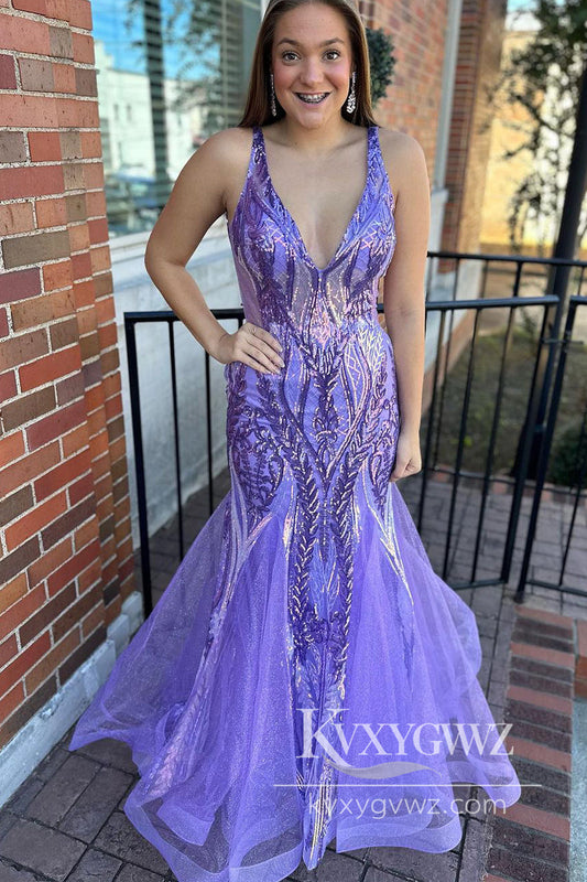 Purple Mermaid Evening Gown V Neck Sequin Appliques Long Prom Dress LF1026