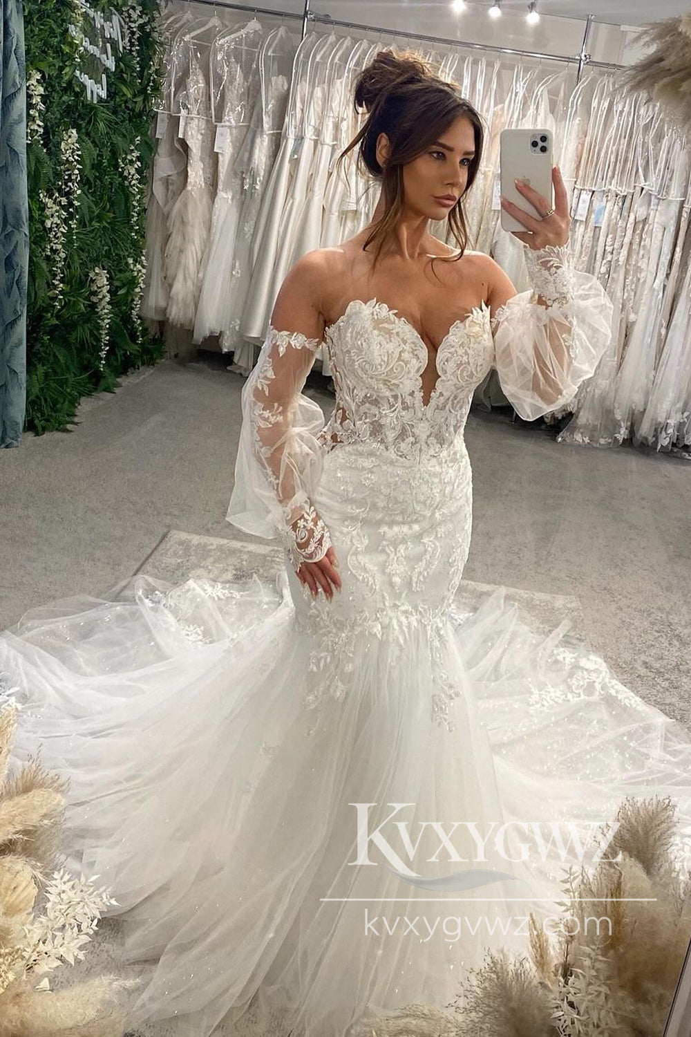 Bohemian Mermaid Sweetheart Lace Wedding Dresses Gown with Sleeves HS1026