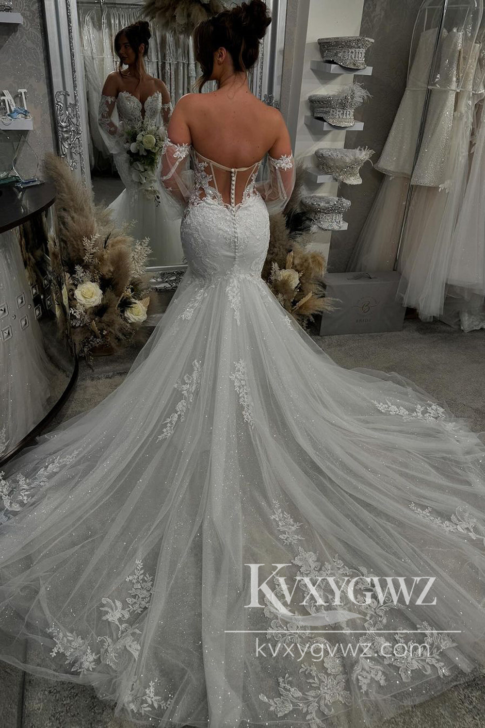 Bohemian Mermaid Sweetheart Lace Wedding Dresses Gown with Sleeves HS1026