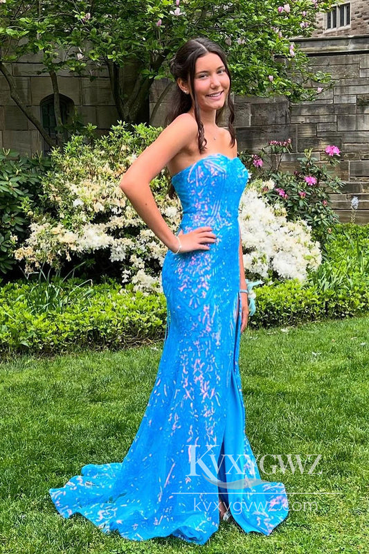 Conspicuous Mermaid Evening Gown Strapless Blue Sequins Long Prom Dress LF1027