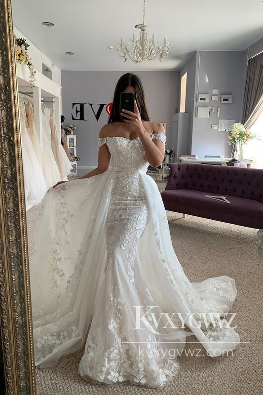 Dazzling Mermaid Off the Shoulder Lace Tulle Wedding Dresses Gown with Appliques HS1027