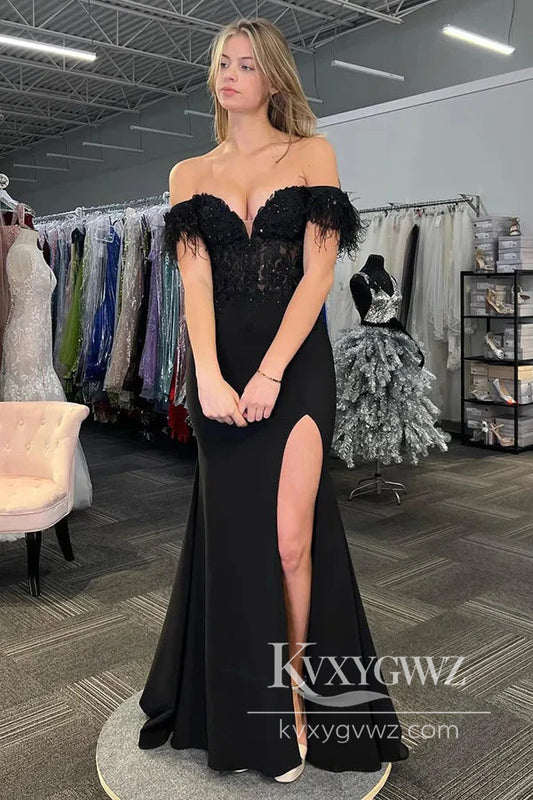 Glamorous Mermaid Evening Gown Off the Shoulder Black Lace Slit Prom Dress with Feather LF1028