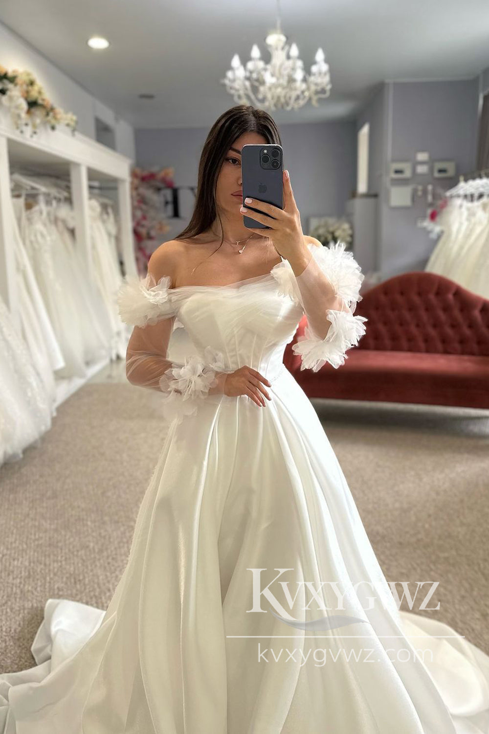 Boho A Line Off the Shoulder Satin Long Wedding Dresses Gown with 3D Flowers HS1028