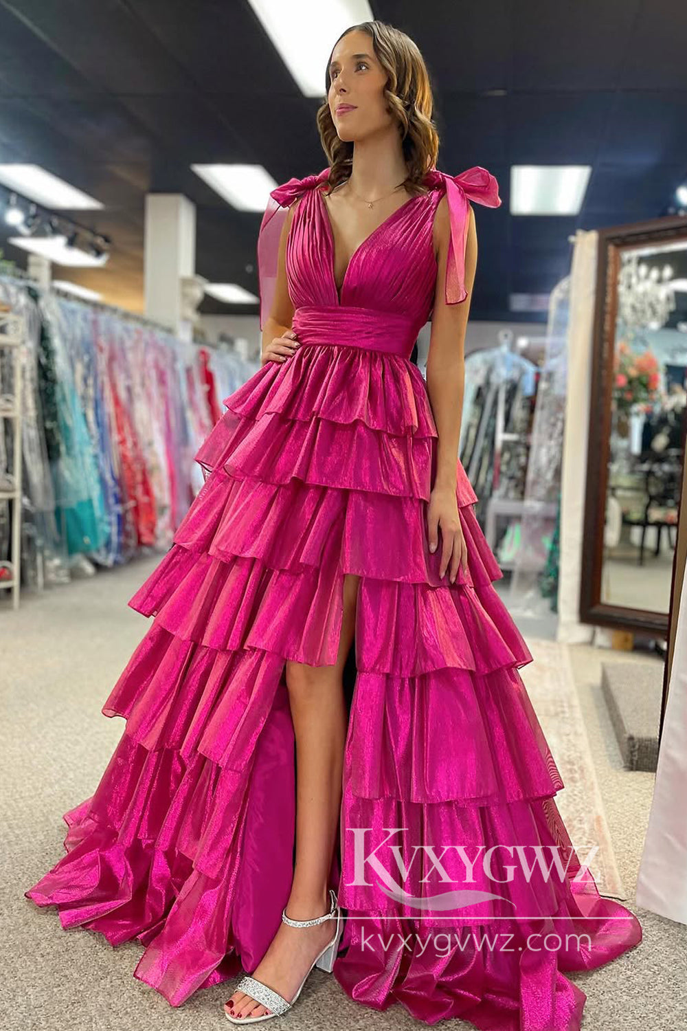 Stunning A Line V Neck Evening Gown Fuchsia Organza Tiered Long Prom Dress with Slit LF1029