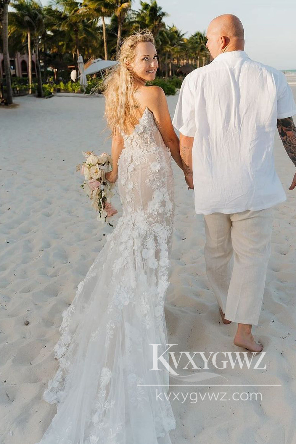 Luxurious Mermaid Off the Shoulder 3D Lace Beach Wedding Dresses Gown with Appliques HS1029