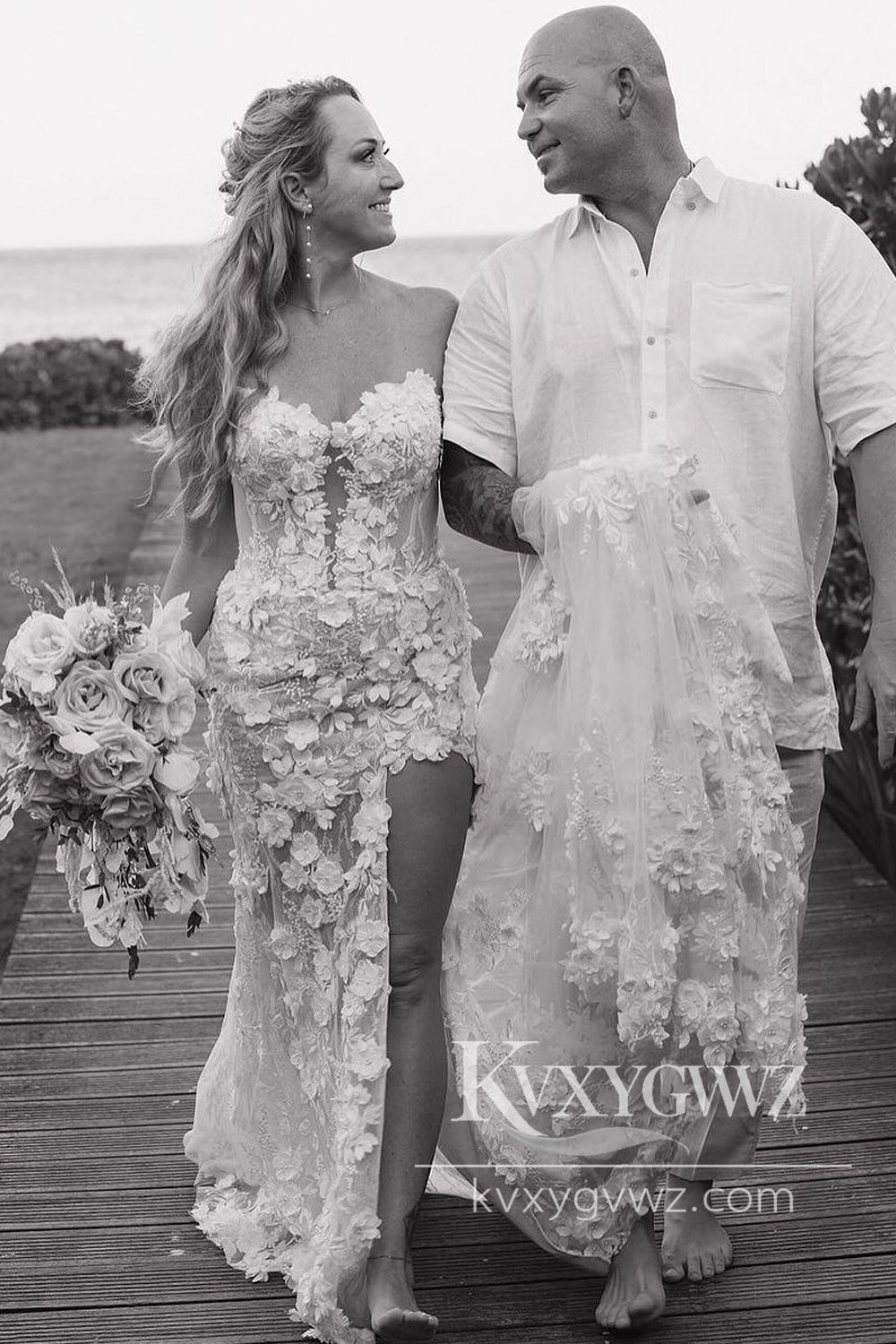 Luxurious Mermaid Off the Shoulder 3D Lace Beach Wedding Dresses Gown with Appliques HS1029