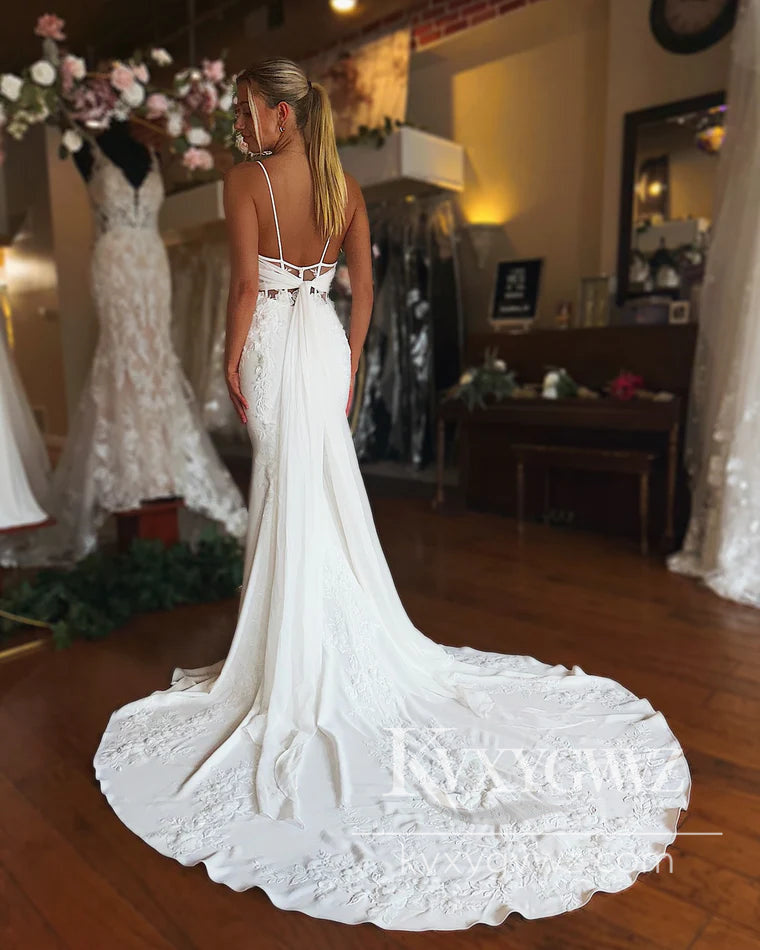 Graceful Mermaid V Neck Elastic Satin Long Wedding Dresses Gown with Appliques HS1030