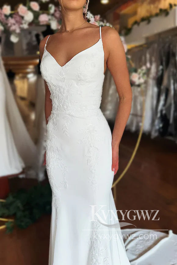 Graceful Mermaid V Neck Elastic Satin Long Wedding Dresses Gown with Appliques HS1030