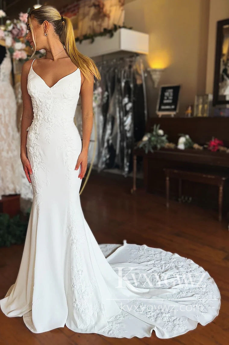 Graceful Mermaid V Neck Elastic Satin Long Wedding Dresses Gown with Appliques HS1030