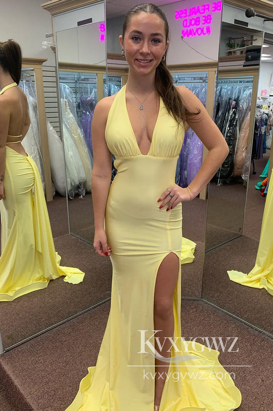 Chic Mermaid Halter V-neck Evening Gown Yellow Satin Slit Prom Dress LF1031