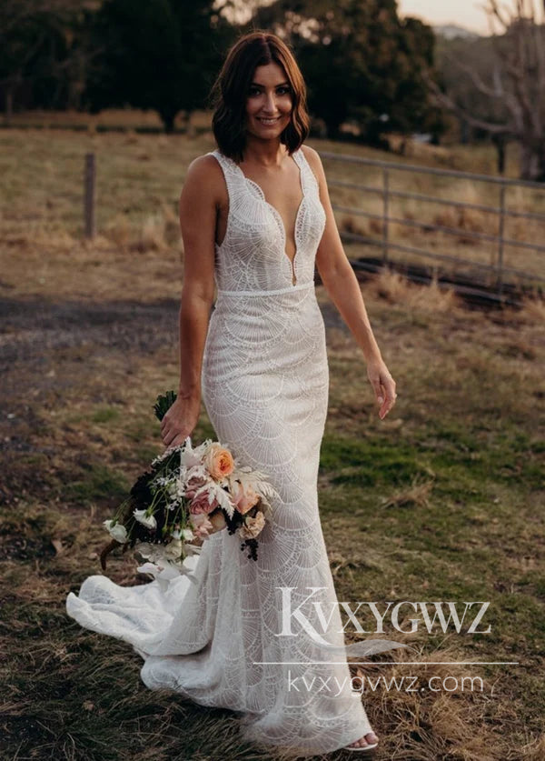 Boho Mermaid V Neck Lace Long Beach Wedding Dresses Gown HS1031