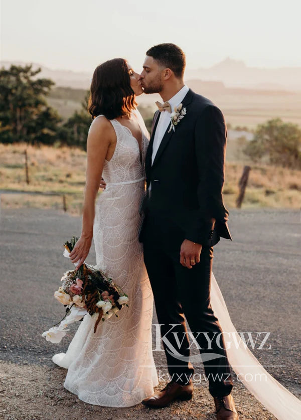 Boho Mermaid V Neck Lace Long Beach Wedding Dresses Gown HS1031
