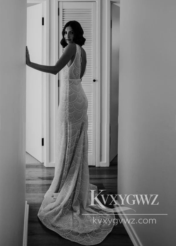 Boho Mermaid V Neck Lace Long Beach Wedding Dresses Gown HS1031