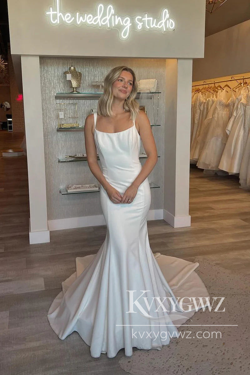 Chic Graceful Mermaid Scoop Neck Satin Long Wedding Dresses Gown HS1032