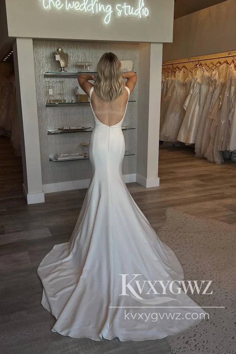 Chic Graceful Mermaid Scoop Neck Satin Long Wedding Dresses Gown HS1032