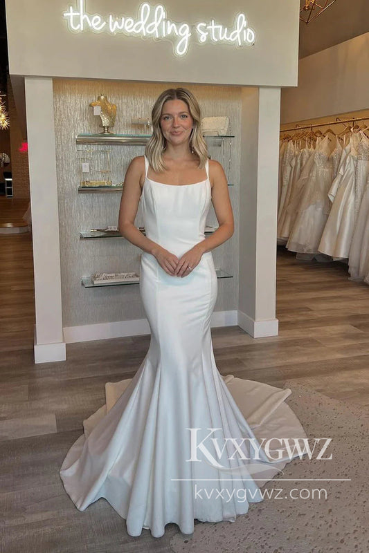 Chic Graceful Mermaid Scoop Neck Satin Long Wedding Dresses Gown HS1032