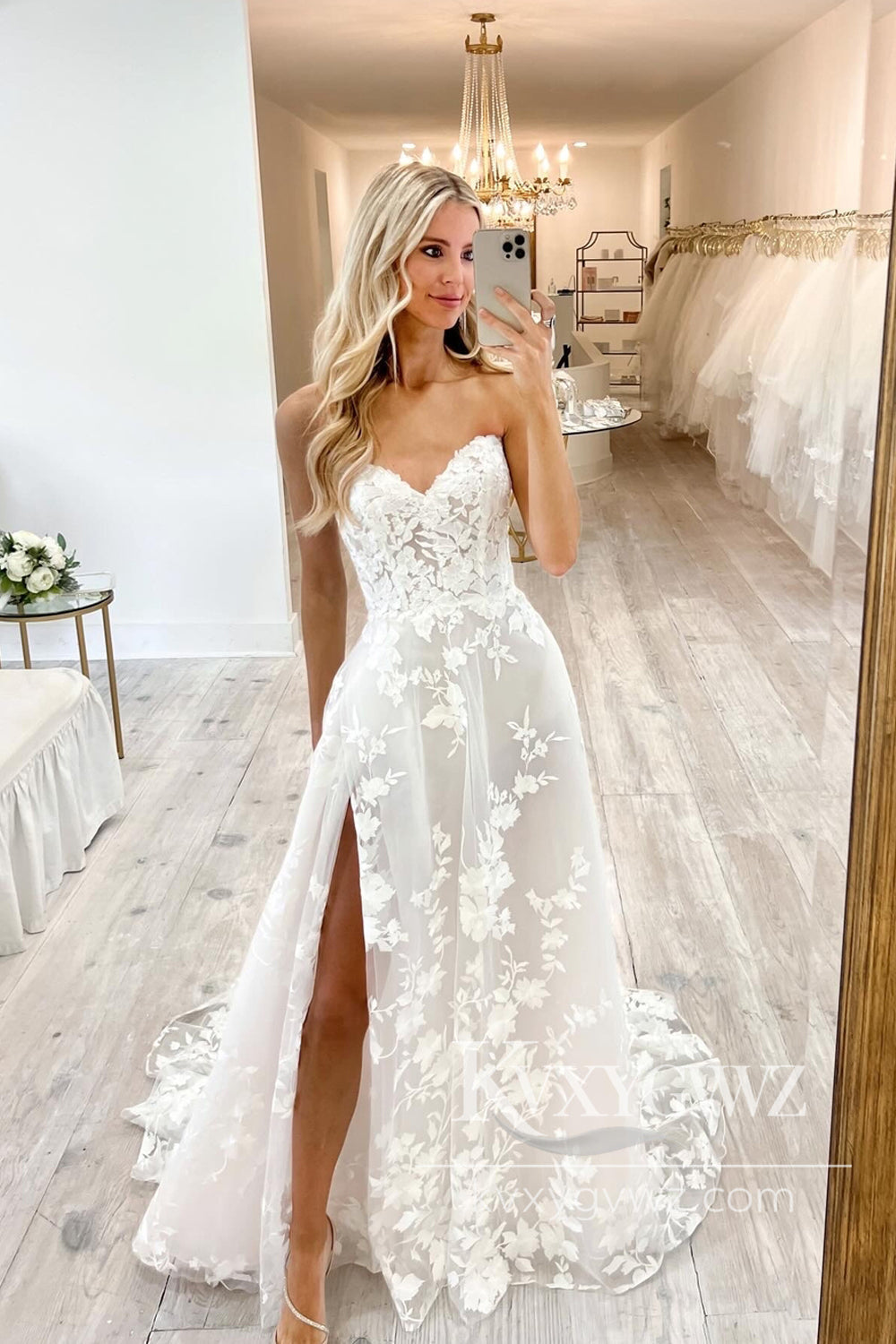 A Line Sweetheart Lace Tulle Long Wedding Dresses Gown With Slit HS1033