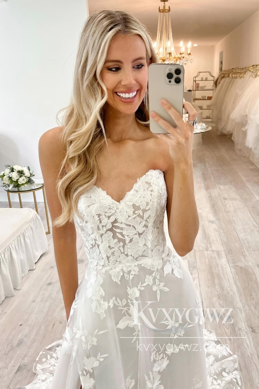 A Line Sweetheart Lace Tulle Long Wedding Dresses Gown With Slit HS1033