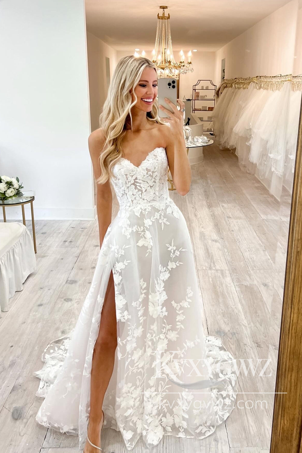 A Line Sweetheart Lace Tulle Long Wedding Dresses Gown With Slit HS1033