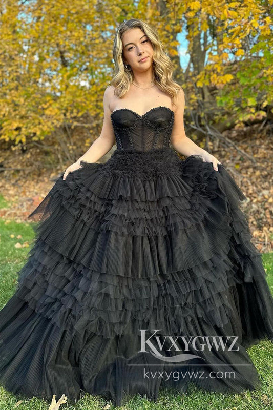 Princess Ball Gown Strapless Black Evening Gown Tiered Tulle Long Prom Dress LF1034