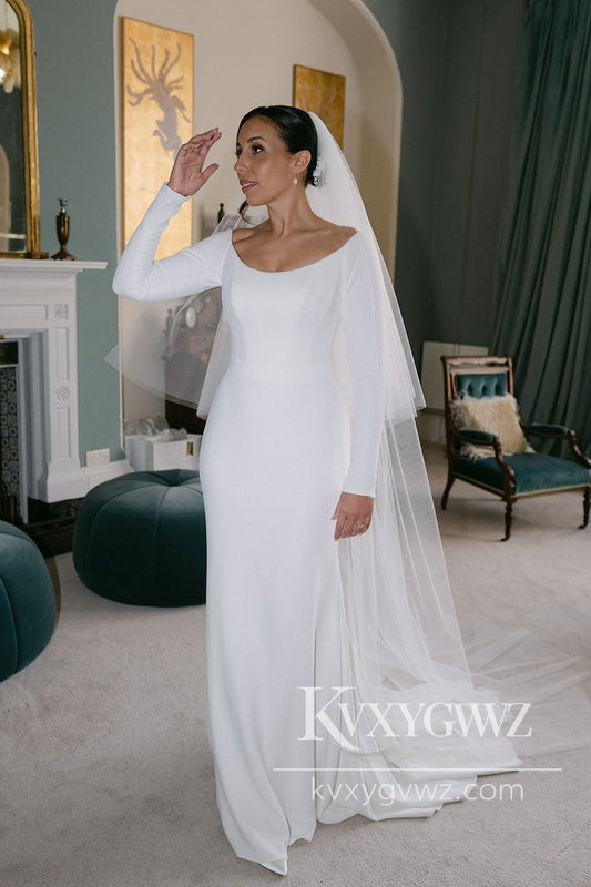 Mermaid Off the Shoulder Satin Long Wedding Dresses Gown with Sleeves HS1034