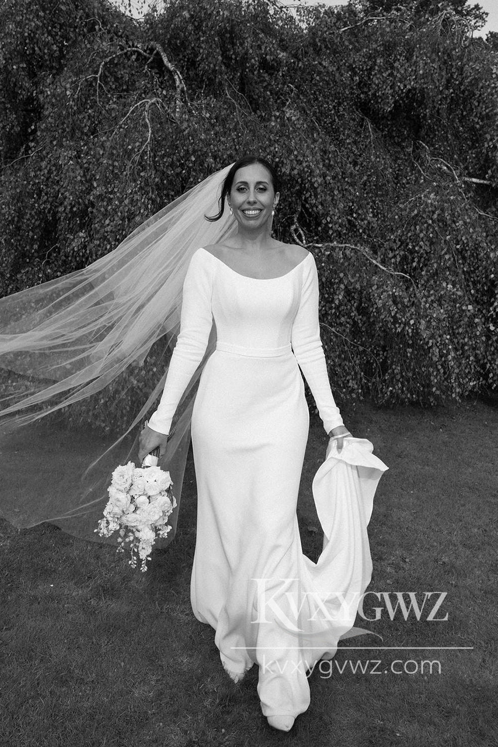 Mermaid Off the Shoulder Satin Long Wedding Dresses Gown with Sleeves HS1034