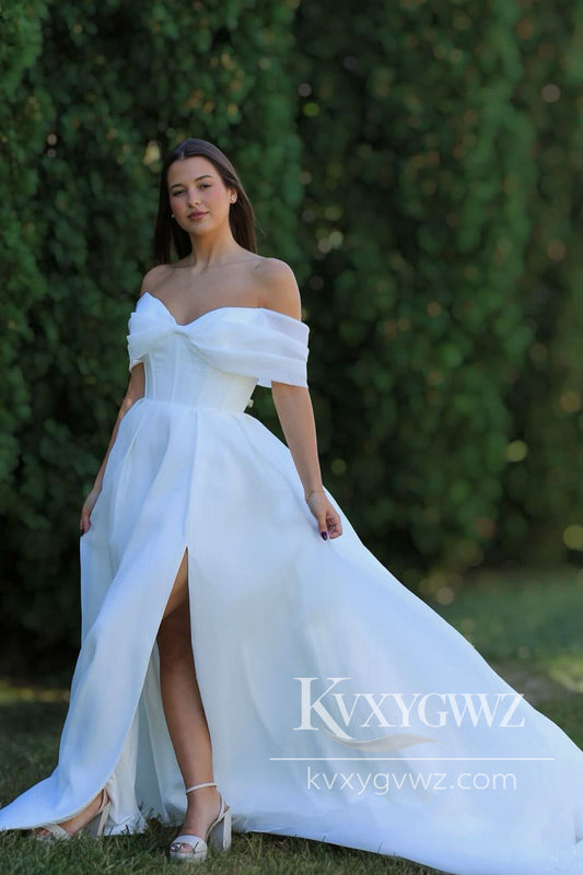 Boho A Line Off the Shoulder Organza Satin Slit Wedding Dresses Gown HS1035