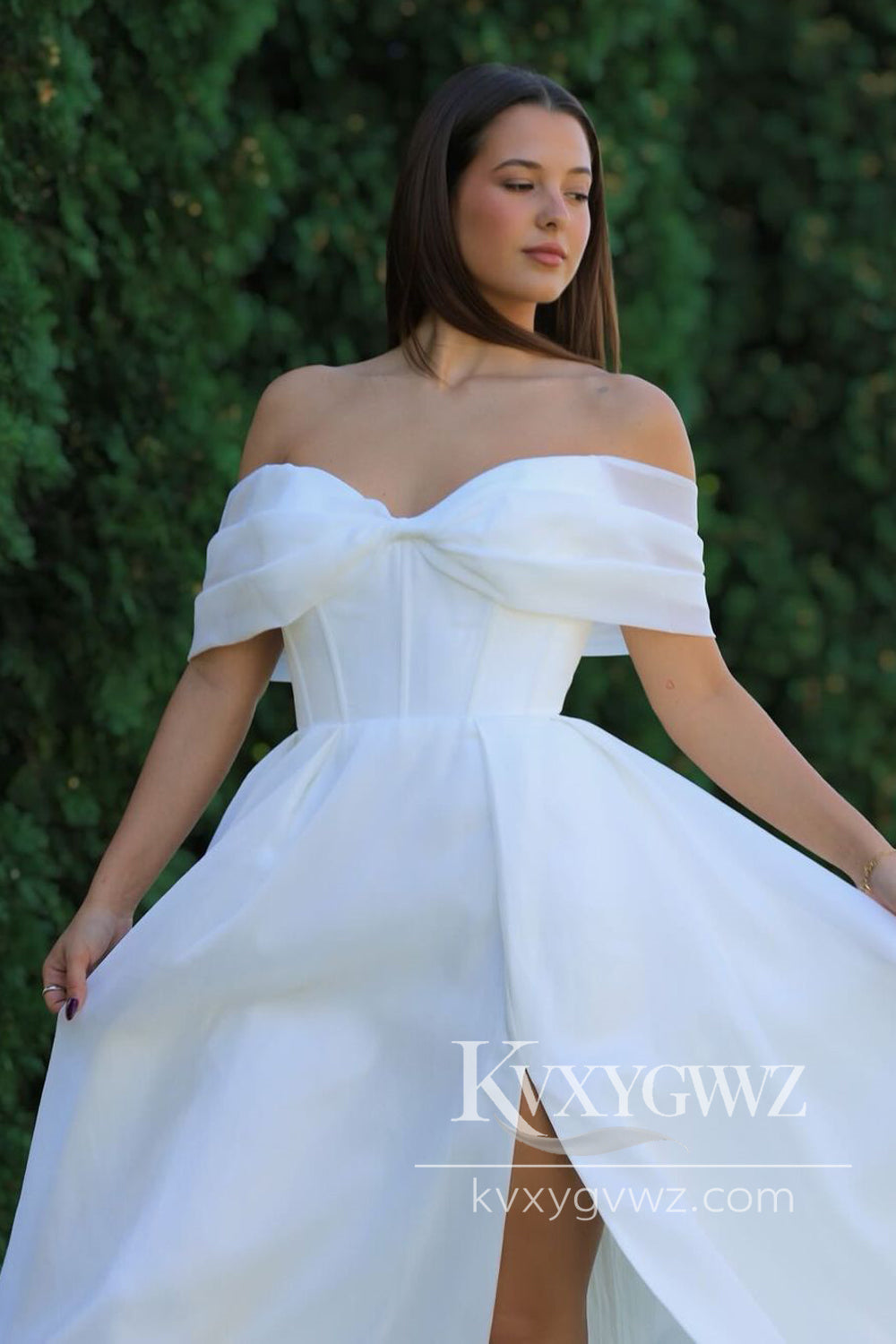 Boho A Line Off the Shoulder Organza Satin Slit Wedding Dresses Gown HS1035