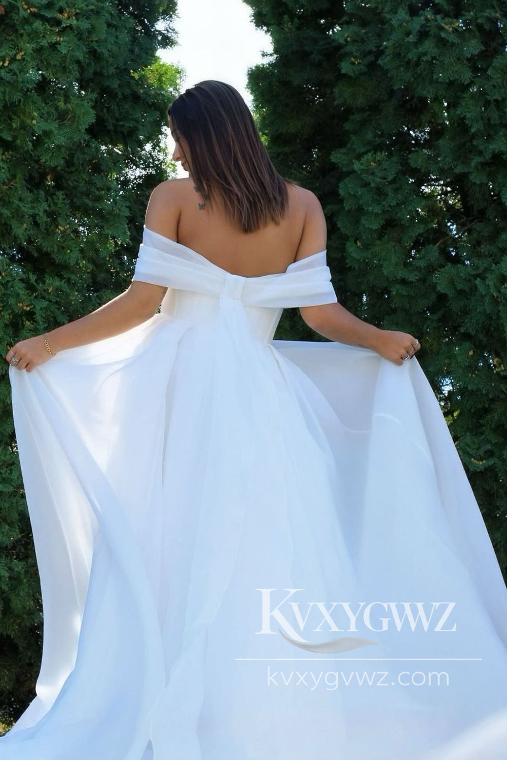 Boho A Line Off the Shoulder Organza Satin Slit Wedding Dresses Gown HS1035