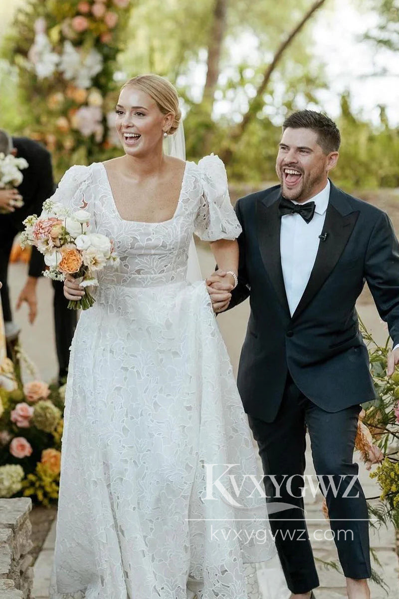 Bohemian Square Neck Chiffon Long Wedding Dresses Gown with Ruffled Sleeves HS1037