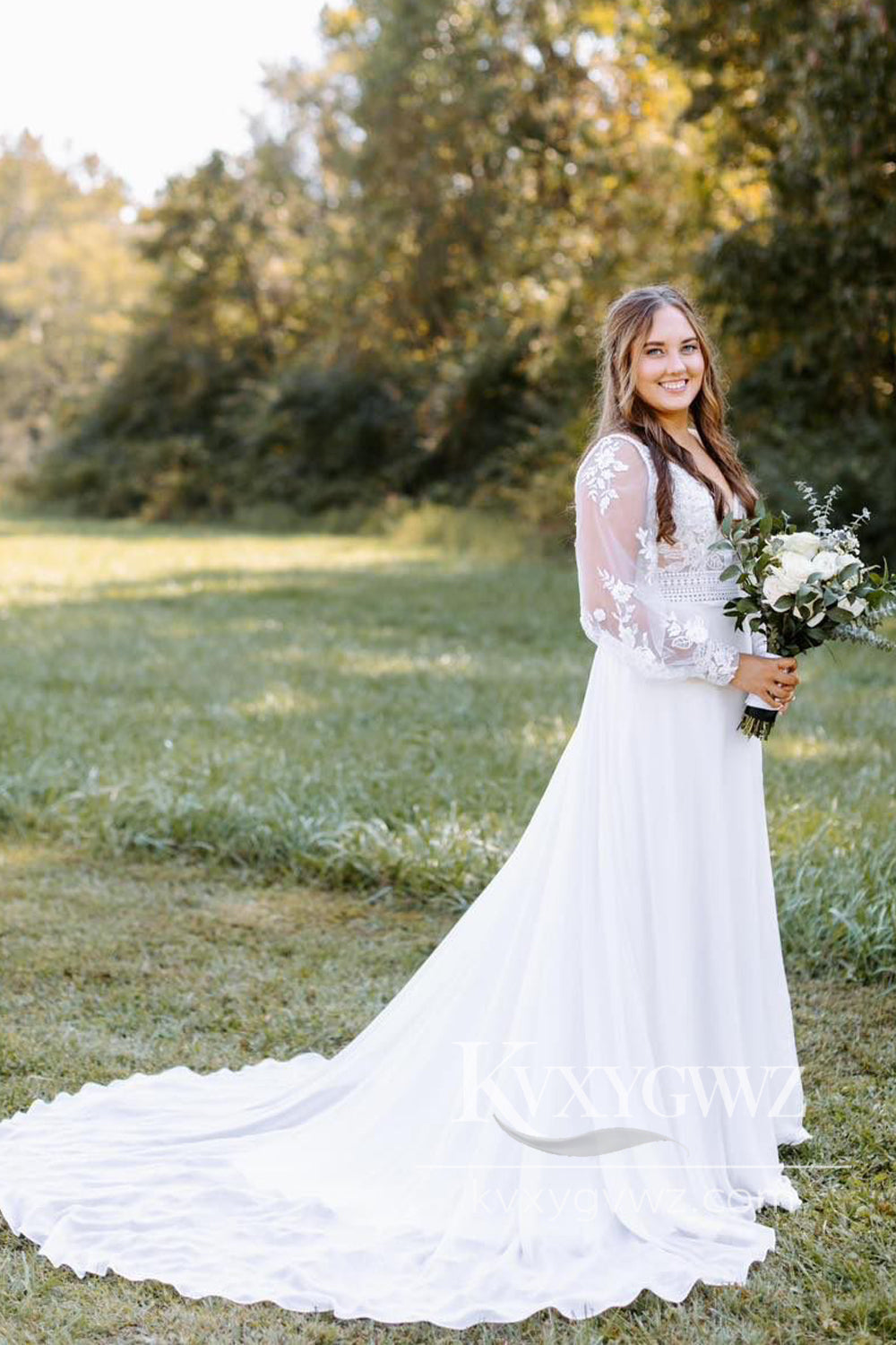 Bohemian A Line V Neck Chiffon Long Sleeves Wedding Dresses Gown with Appliques HS1038