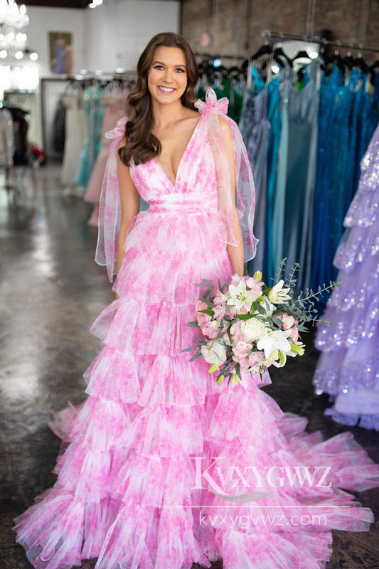Pink Floral Printed V Neck Evening Gown Ruffles Tiered Long Prom Dress  LF1038