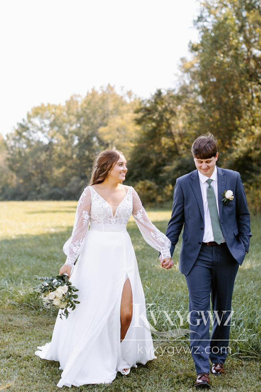 Bohemian A Line V Neck Chiffon Long Sleeves Wedding Dresses Gown with Appliques HS1038