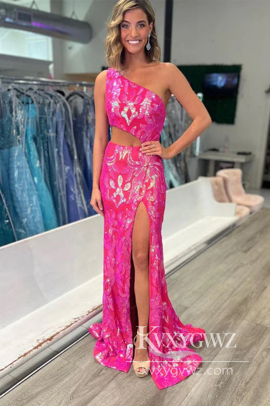 Stunning One Shoulder Evening Gown Pink Sequins Lace Prom Dress with Slit LF1040