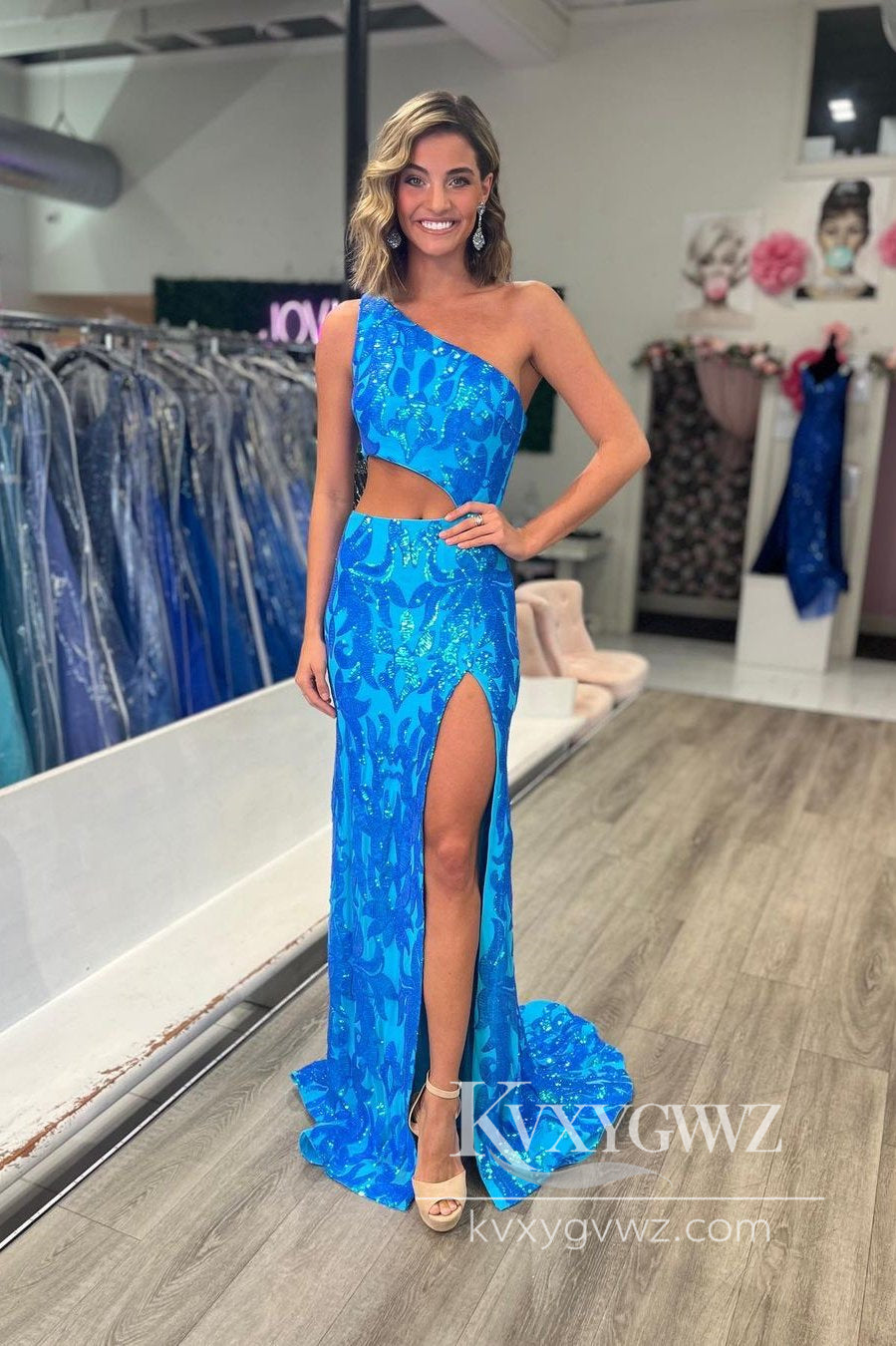 Stunning One Shoulder Evening Gown Pink Sequins Lace Prom Dress with Slit LF1040