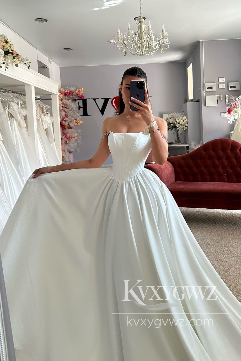 Ball Gown Straps Satin Long Wedding Dresses Gown With Sweep Train HS1040